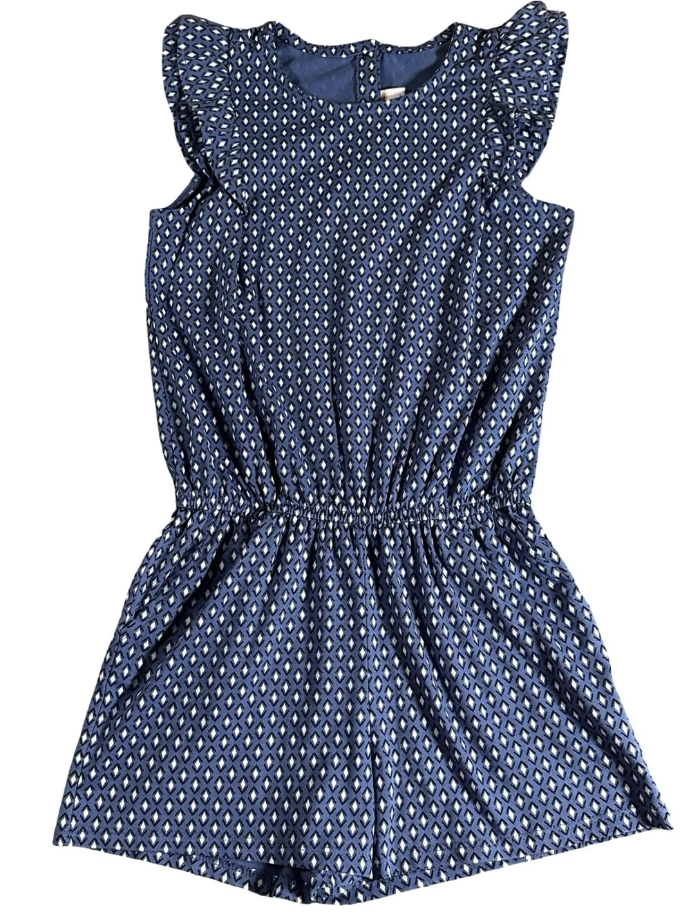 Gymboree Girls Size 8 Navy Geometric Flutter Sleeve Romper Pockets